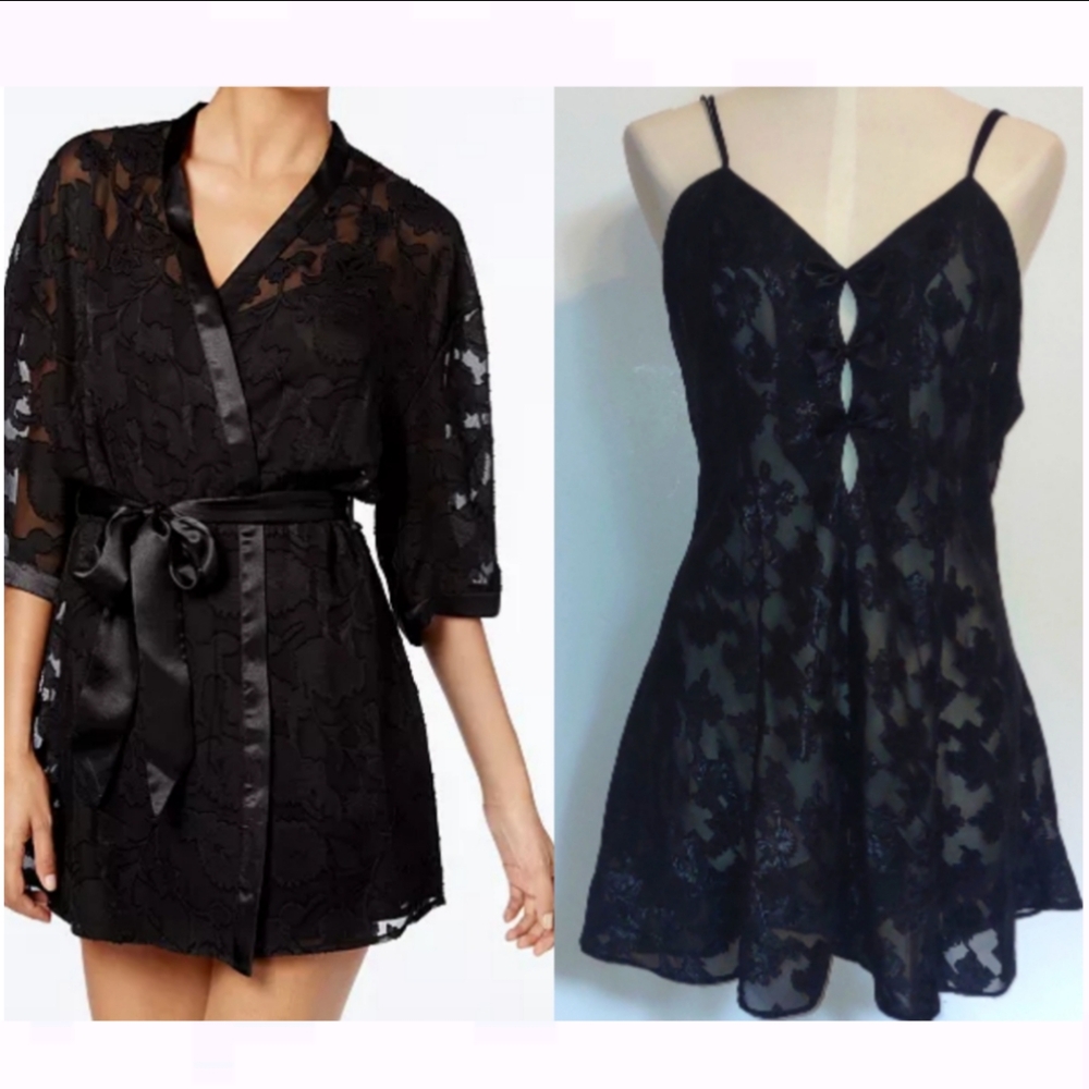 3 Piece Lingerie Set Black Lace Babydoll Sleepwear Nightwear Size Large